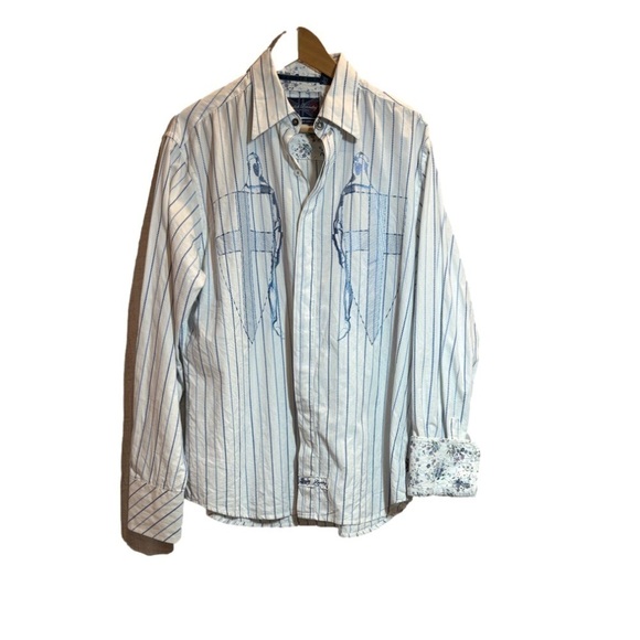 ENGLISH LAUNDRY long sleeve blue white stripe floral KNIGHTS SHIELD shirt. Large - Picture 16 of 16